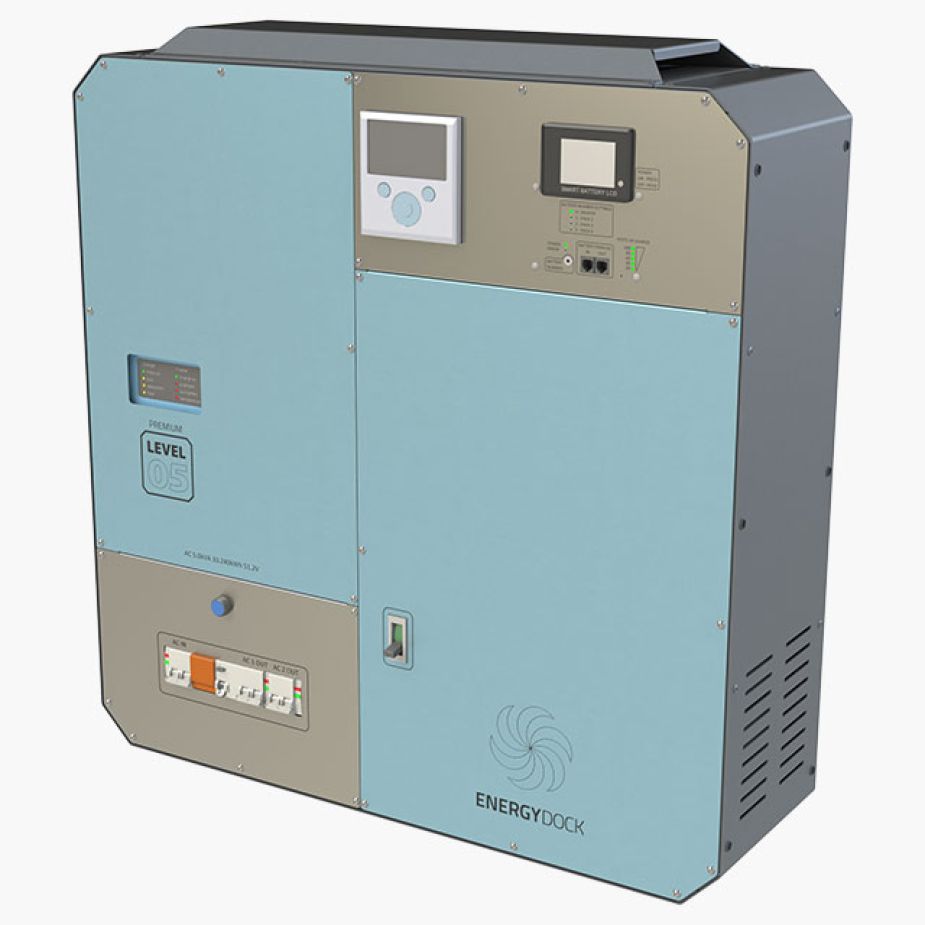 Image of an Energydock, Premium Level 5 system. The compact energy system includes a 5kVA Victron Multiplus II inverter (NERSA-approved), a 10240Wh lithium-ion (LiFePO4) battery, AC in/out (1 & 2), surge & DC/AC protection, full system remote management, and it's compact with no messy wires. It's factory-optimized and comes with a 5-year warranty. You can easily add solar panels with the DC Attachment MPPT. Perfect for your home backup power, hybrid solar power and even off-grid solar power!