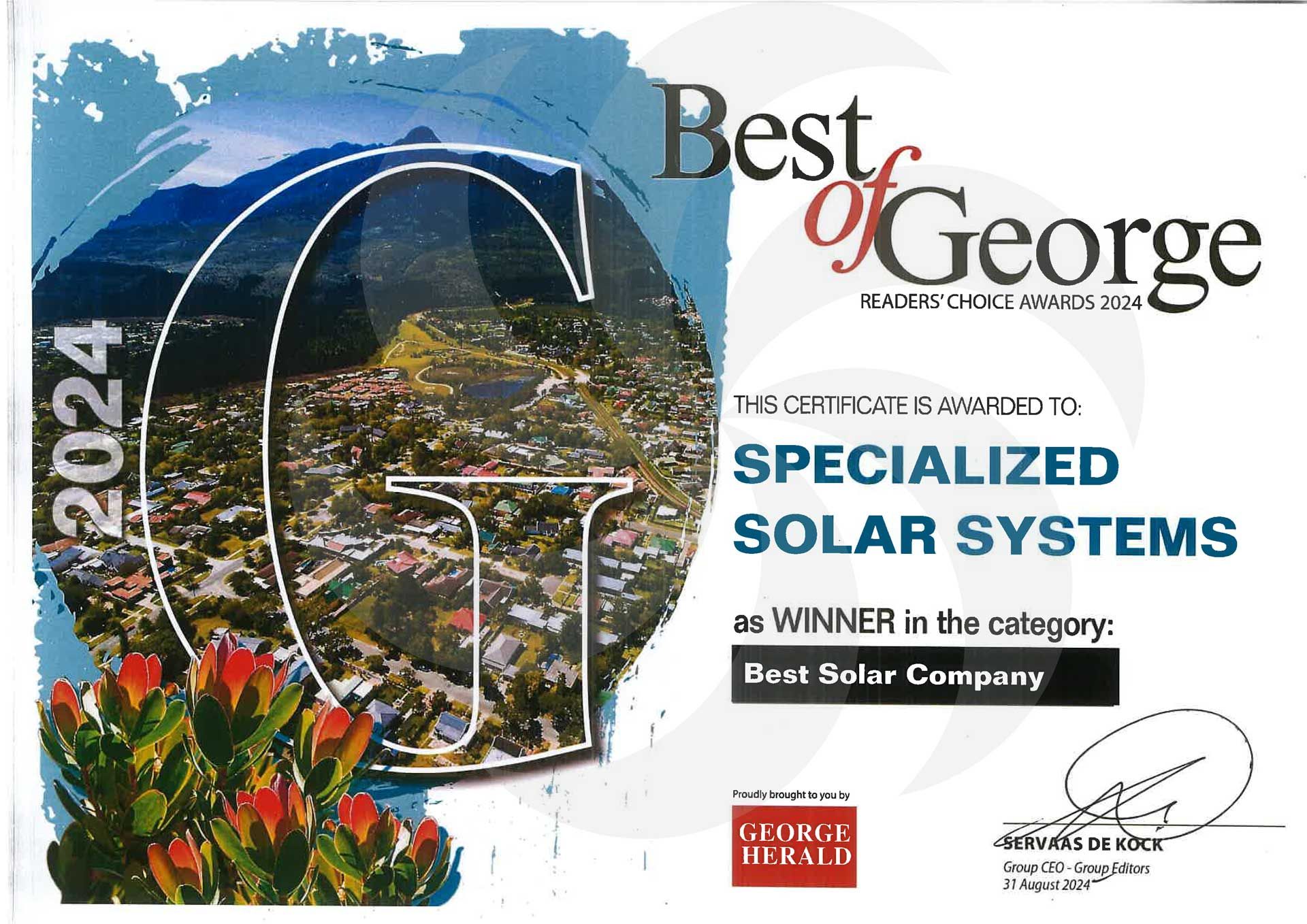 Best Solar Company in George Official certificate 