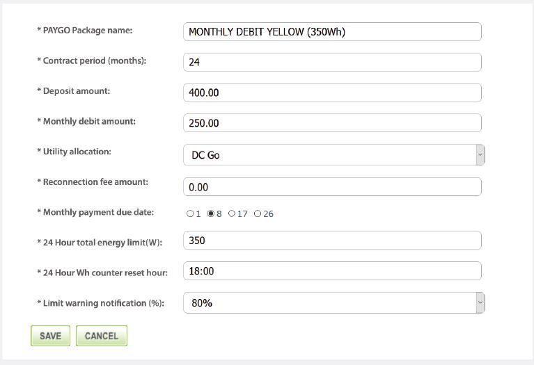 PayGo billing package setup user interface
