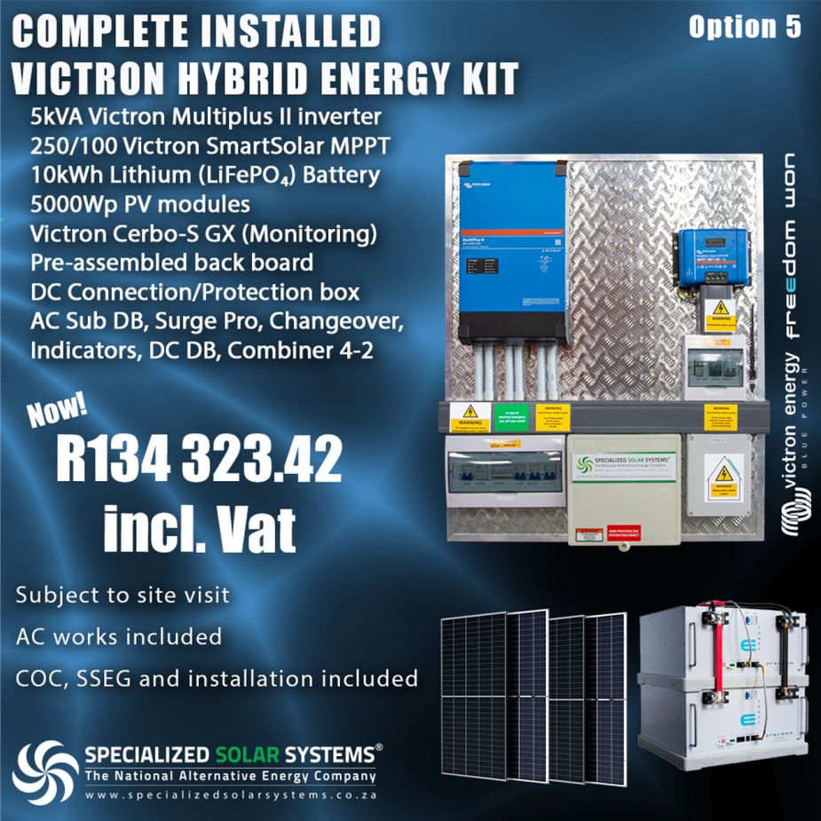 5kVA 5kWp 10kWh (includes installation, COC and SSEG): Option 5 Victron hybrid solar LiFePO₄ home kit