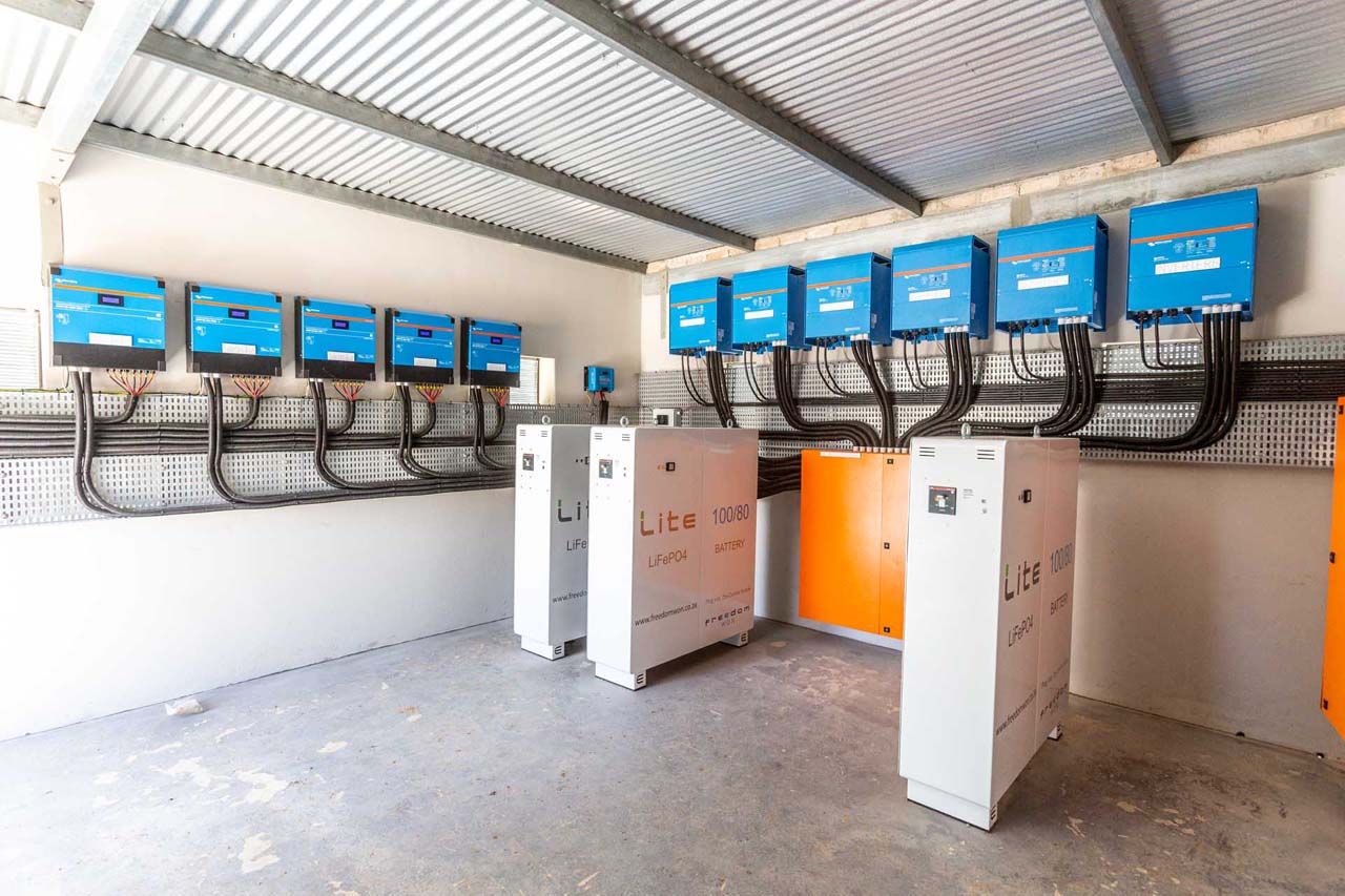 Image of 90 kVA commercial hybrid solar system, AC Coupled with 240 kWh of lithium batteries or storage capacity. Installation done in George, the Garden Route.