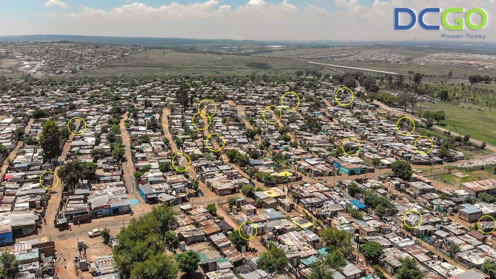 arial of Diepsloot with 16 solar towers (off grid power distribution) highlighted supplying managed power to  256 households in the immediate vicinity 
