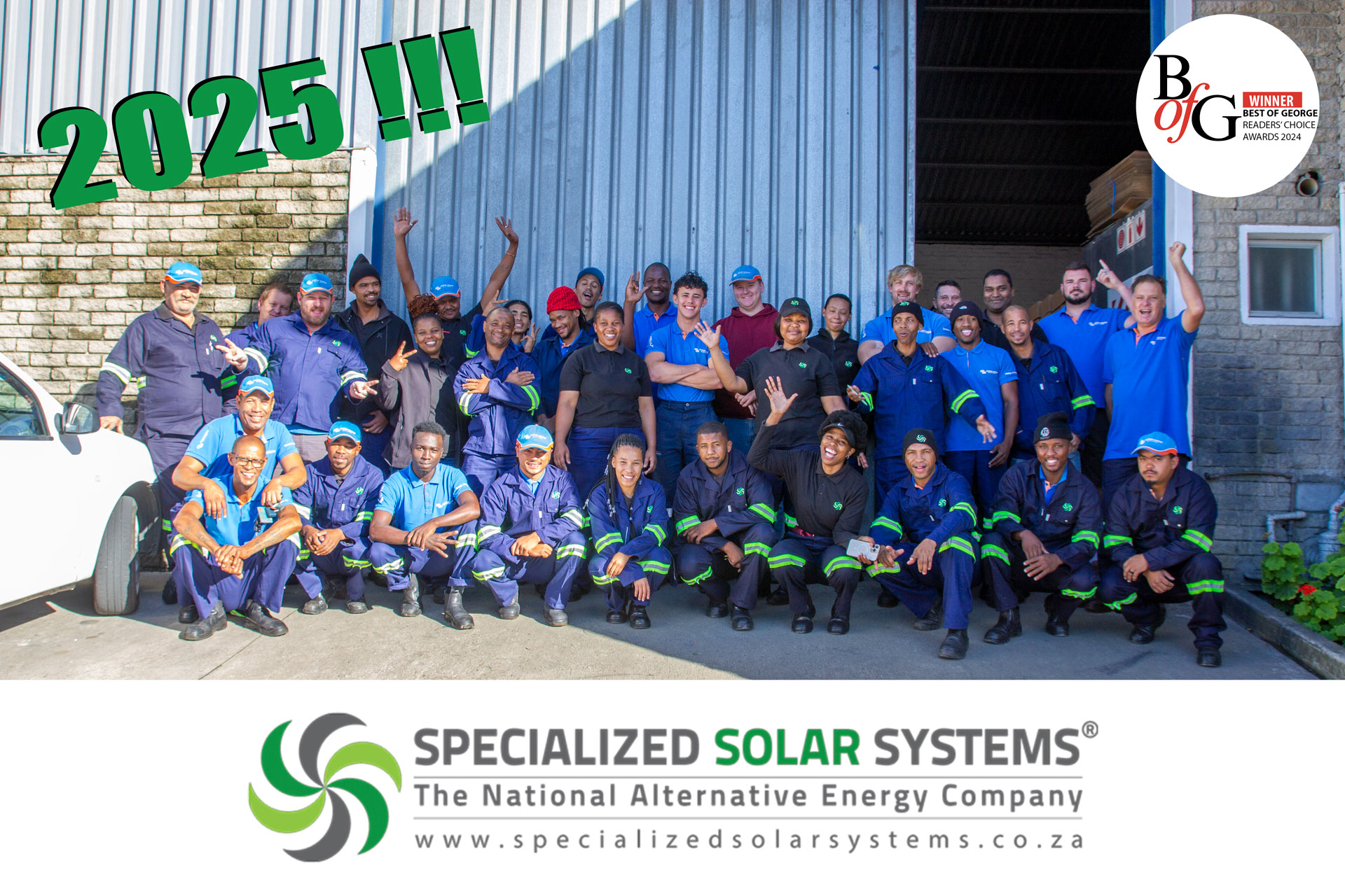 Specialized Solar Systems team outside the main entrance to the premises
