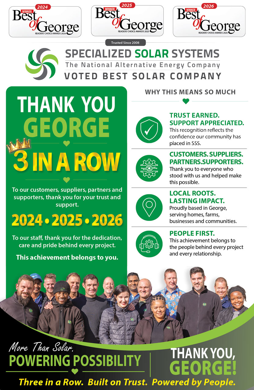 Best of George Winners 2026 Specialiazed Solar Systems George Herald insert thanking supporters for their votes
