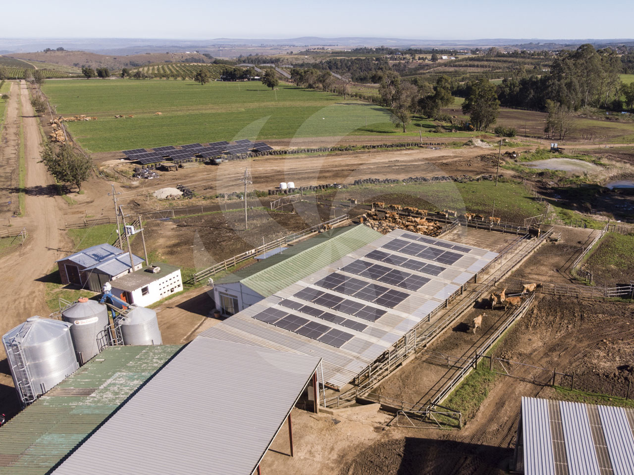 Image of a 96kWp solar array installation at a farm in Riversdale between Cape Town and George. The hybrid solar system was designed and installed by Specialized Solar Systems