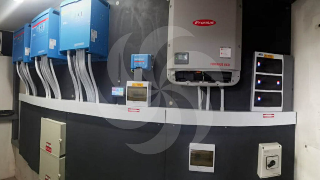 off-grid installation, images of the system components such as inverter etc