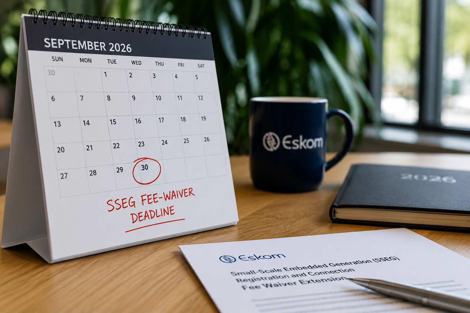 Desk calendar open to September 2026 with September 30 circled as the Eskom SSEG fee-waiver deadline, sitting alongside an Eskom document and branded mug.