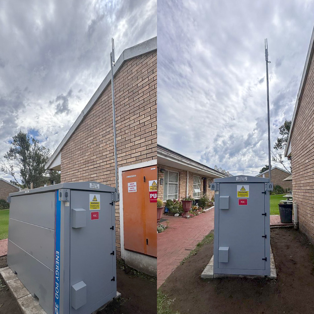 45 kVA energyPOD solar and battery system installation with Wi-Fi for managing smart geysers  at Huis Harmonie Retirement Home in George, Western Cape