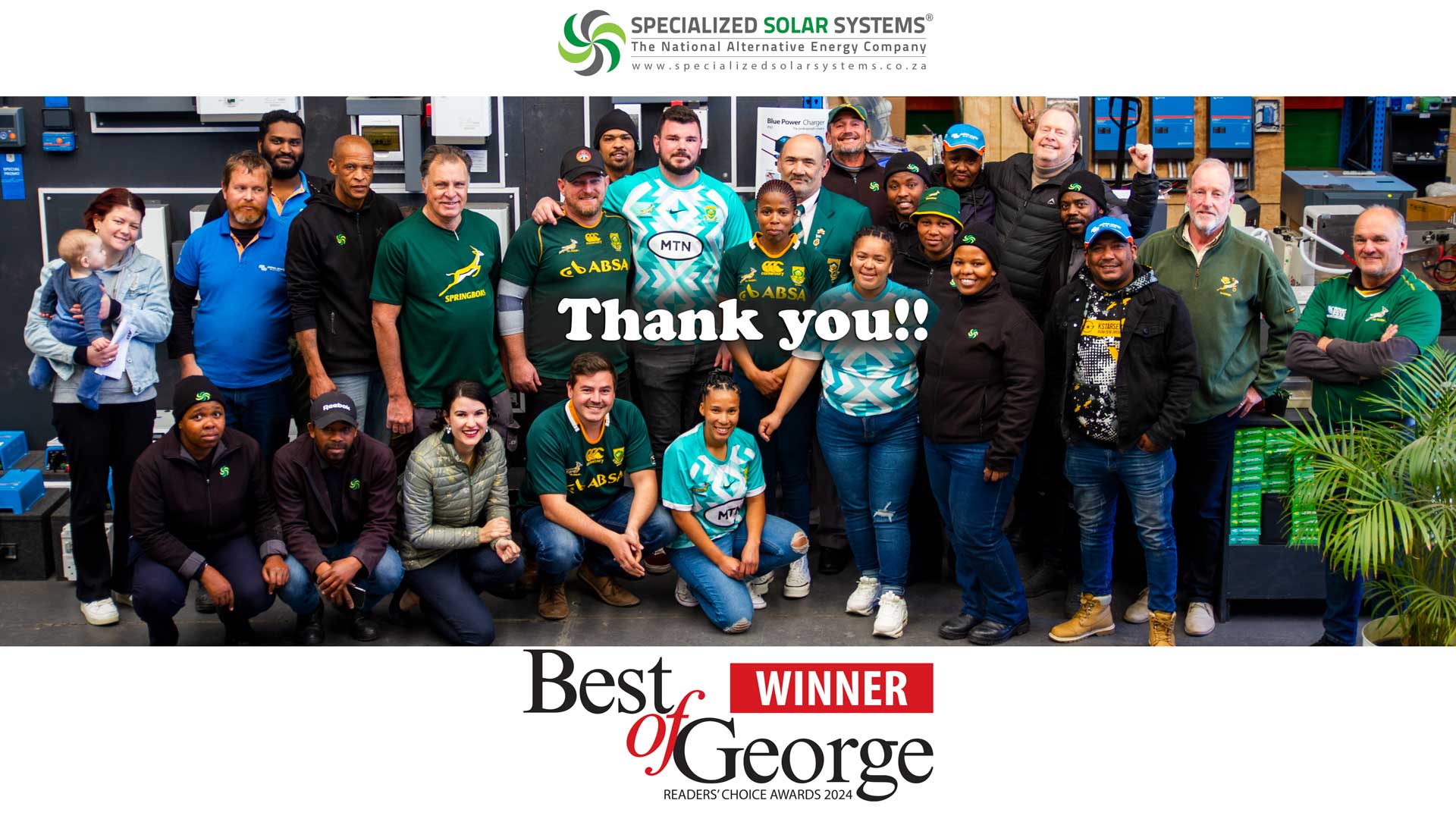 Best Solar Company of George Winners 2024 Specialized Solar Systems Team say thank you!