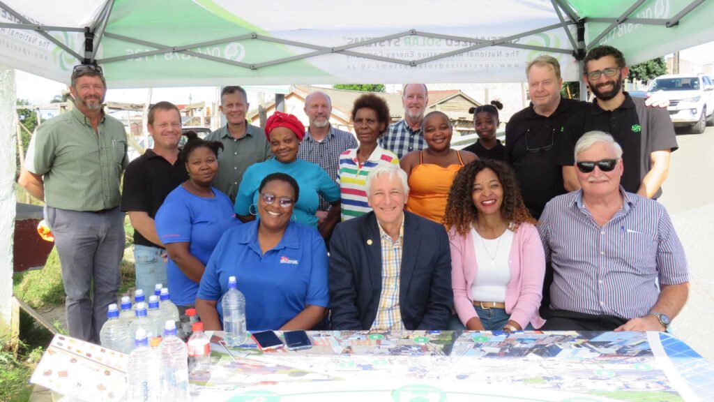 Front row: Cllr Nosicelo Mbethe (Portfolio Councillor for Electrotechnical Services & Fleet), Ald Leon van Wyk (Executive Mayor of George), Cllr Thandiswa Qatana (Proportional Councillor in the George Municipality) and Pierre Conradie (Electrical Engineer) Specialized Solar Systems.
Middle row:
Phumeza Ndinga (Beneficiary), Phumla Magwebu (Beneficiary), Mayvis Bhoto (Beneficiary), Yonga Giba (Beneficiary), Andrew Behrens (Project Manager, Specialized Solar Systems), and Dmitry Reznichenko (Project Engineer) Specialized Solar Systems.
Back row:
Melt Loubser (Managing Director MDL), Johan Henning (Senior Technician Specialized Solar Systems), Stiaan Adams (Electrical Engineer CMB), Jonathan Hodgson (CEO, Specialized Solar Systems), Peter Bergs (Managing Director) Specialized Solar Systems, and Zenande Gubeka (CRM Specialized Solar Systems).