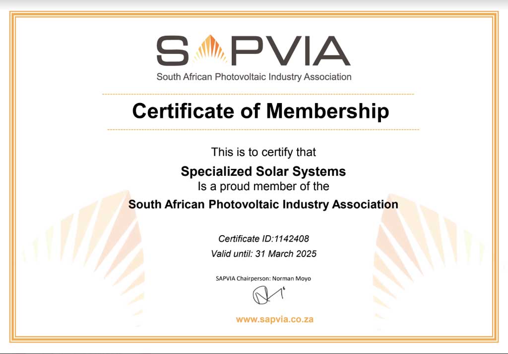 SAPVIA Certificate for 2024-2025; Specialized Solar Systems