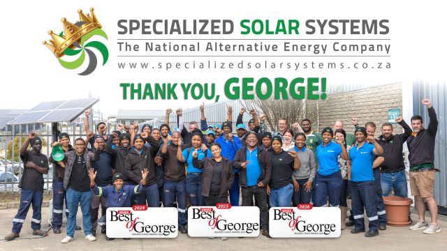 Best Solar Company in George 2026 - 3 years in a row. Specialized Solar Systems Staff celebrates and thanks George for their voting