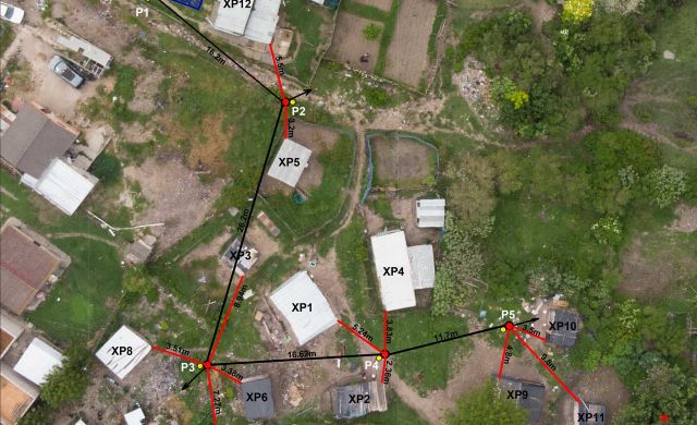 Image displays the placements of the solar electrification framework. The solar system (top left)with the reticulation poles (P1-P5) and connected households (XP's)